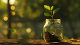 plant growing from a glass jar filled with coins, bathed in the warm glow of a setting sun.