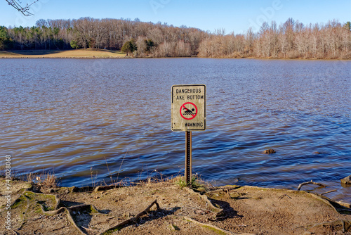 No swimming sign at a lake