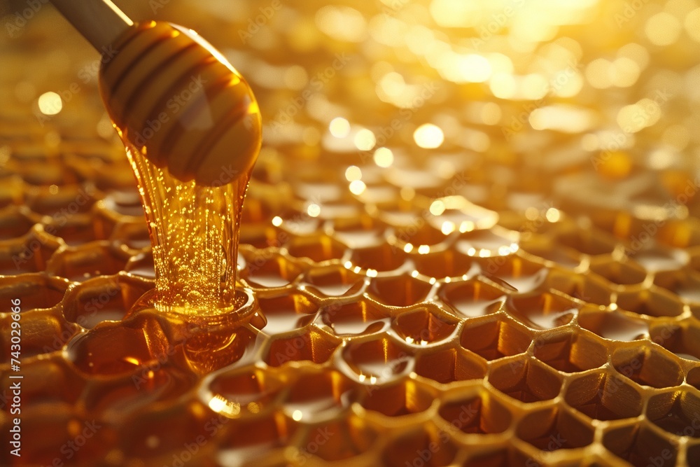 a highly detailed honeycomb filled with golden honey - obrazy, fototapety, plakaty 