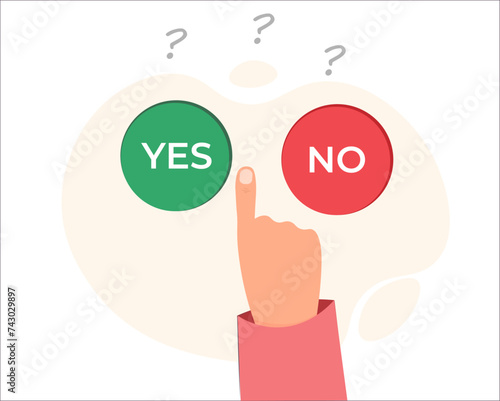 Hand pushing button Yes or No, trying to solve the problem, thinking, searching idea, trying to find a solution, brainstorming concept, flat vector illustration