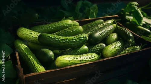 A close-up realistic photo of a box overflowing with freshly picked green cucumbers Generative AI