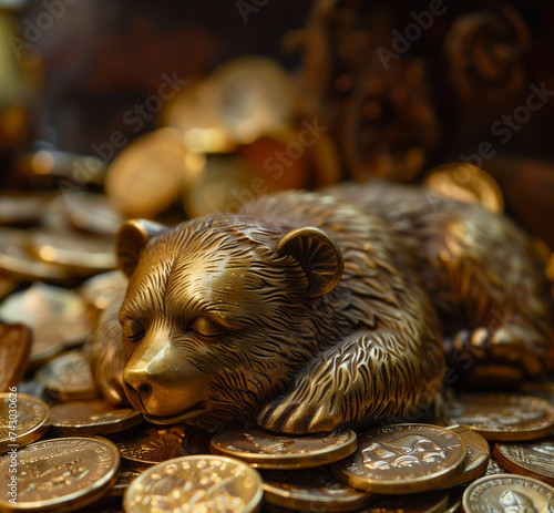 small brass statue of a bear sleeping on a pile of gold coins, representing smart decisions in a bear market photo