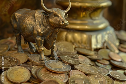 small brass statue of a bull standing on a pile of gold coins, representing financial growth in a bull market photo