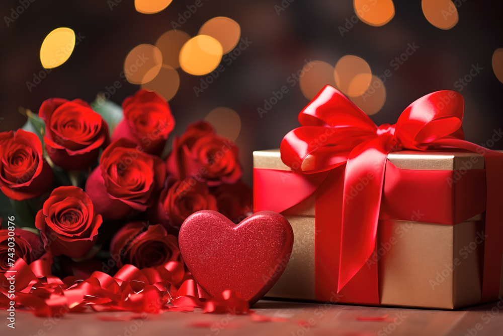 Romantic Gift Surrounded by Red Roses and Heart