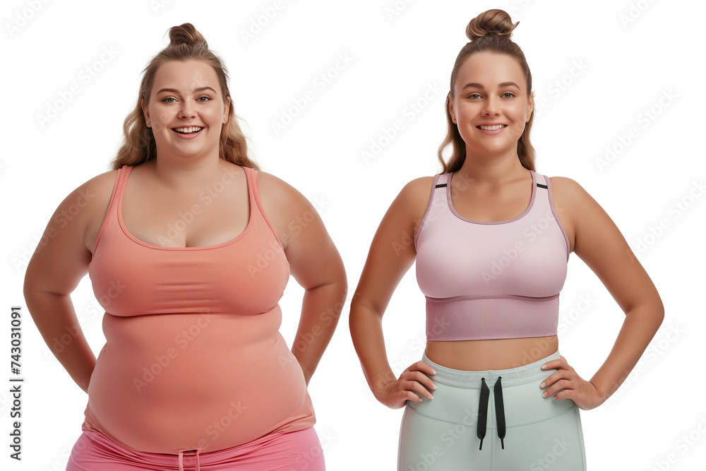 Woman posing before and after weight loss. Diet and healthy nutrition. Fitness results, get fit. Liposuction results, plastic surgery. Transformation from fat to athlete. Overweight and slim, training Woman posing before and after weight loss. Diet and healthy nutrition. Fitness results, get fit. Liposuction results, plastic surgery. Transformation from fat to athlete. Overweight and slim, training