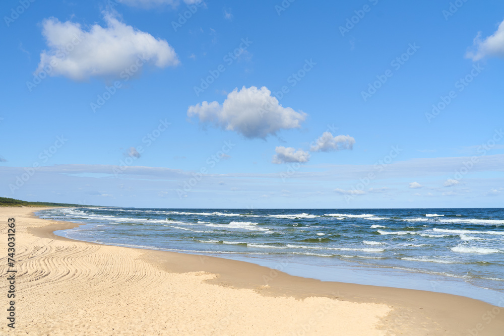 Tranquil summer scene of Baltic sea. Beautiful blue sky with beautiful clouds.	