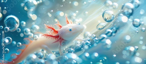 Axolotl Gracefully Glides Through Bubbly Aquatic