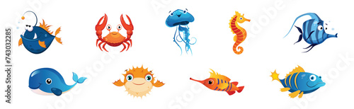 Cute Sea Animals and Marine Creature Floating in Ocean Vector Set
