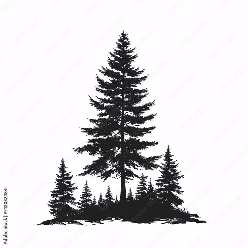 Obraz premium Vector silhouette of three pine trees. Can be used as poster, badge, emblem, banner, icon, sign, decor...