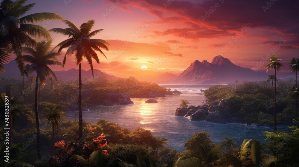 Generative AI A mesmerizing aerial perspective capturing the beauty of tropical islands with palm trees set against a colorful sunset, creating a serene and dreamlike ambiance