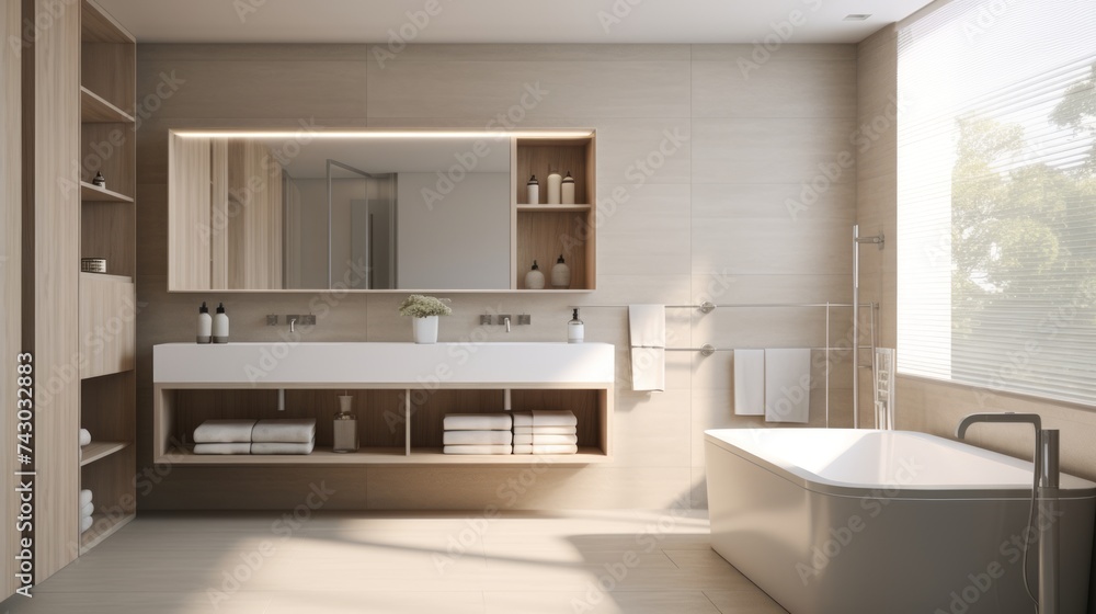 Generative AI A minimalist bathroom design with clean lines, monochrome palette, and recessed storage. Generative AI A minimalist bathroom design with clean lines, monochrome palette, and recessed storage.