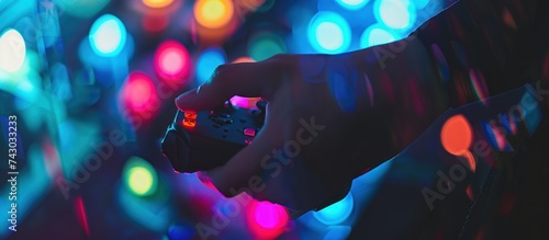 hand hold console game in neon light background photo