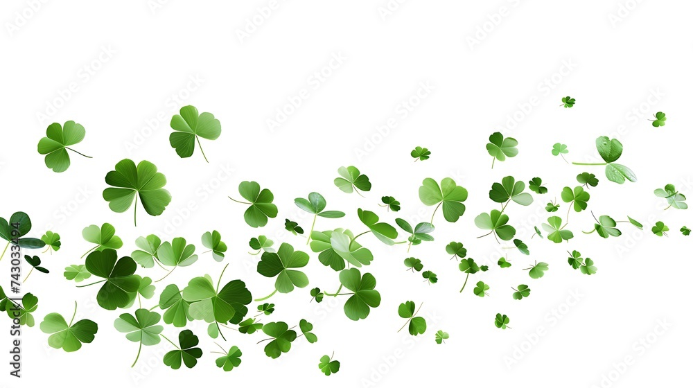 Green flying clover leaves isolated on white background. Spring decoration for Saint Patrick's day border or frame design
