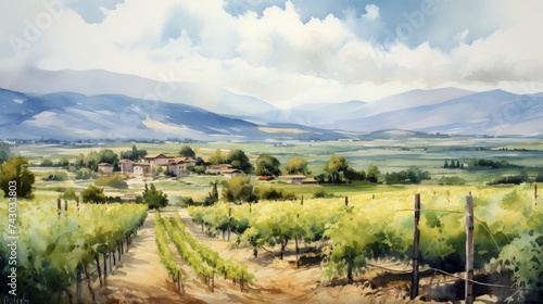 Generative AI A picturesque vineyard with rows of grapevines and hills in the backdrop. landscape watercolor