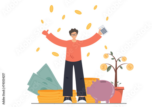 Person near piggy bang saving money, investing and family budget concept, financial education, accounting, flat vector illustration
