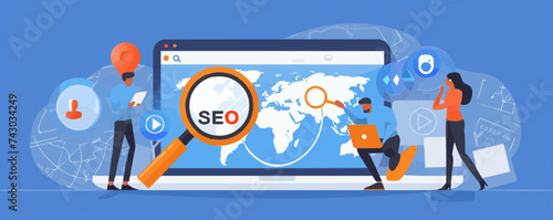 Search engine SEO optimization, professional people holding magnifying glass, action around abbreviature SEO over digital world map. Search Engine Optimization (SEO) flat vector modern illustration photo