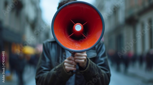 Person holding megaphone in front of face. Front view of aperson shouting through a megaphone while standing outdoors on the street. photo