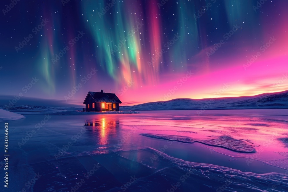 Hut under the Northern Lights in the icy desert