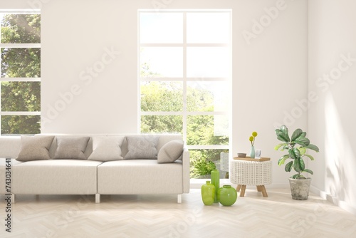 Fototapeta Naklejka Na Ścianę i Meble -  Contemporary classic white interior with furniture and decor and summer landscape in window. Scandinavian interior design. 3D illustration