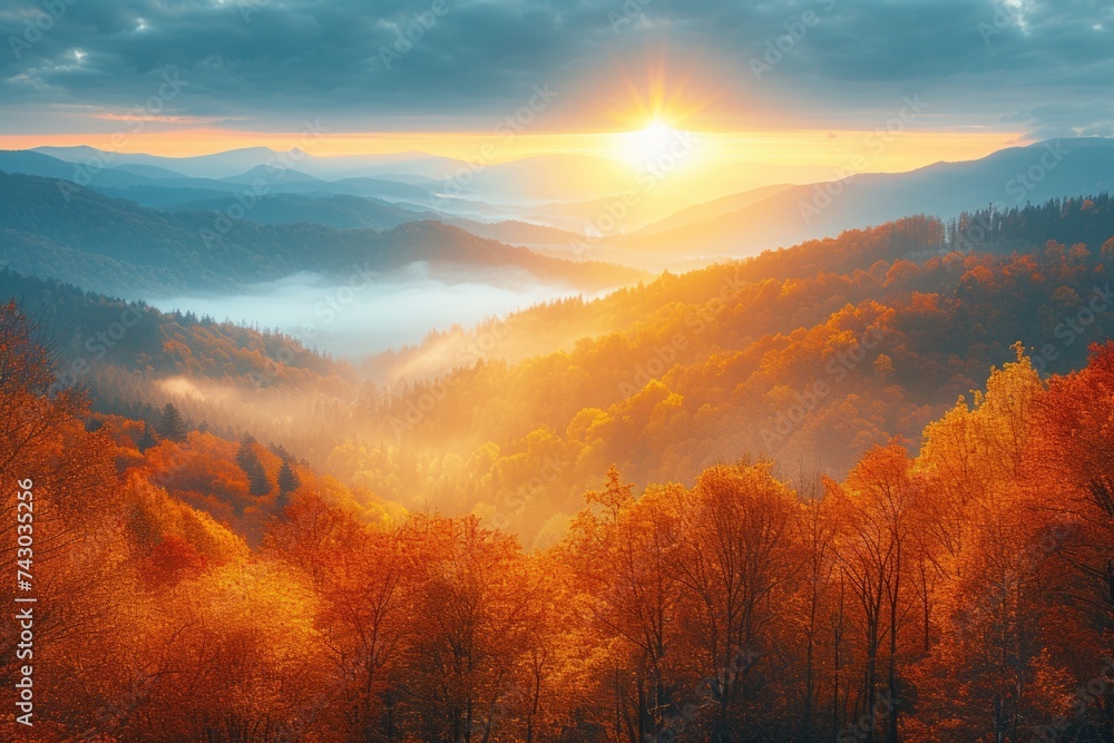 Naklejka premium Foggy autumn dawn in the mountains