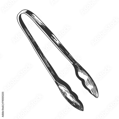 Kitchen tongs isolated on white background. Sketch style tongs for turning food. Engraving vector illustration. Barbecue tool