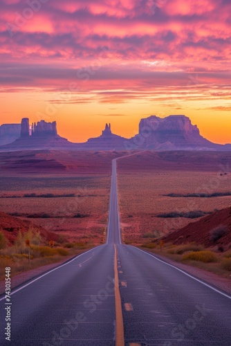 Deserted road to bright sunset sky over legendary hills