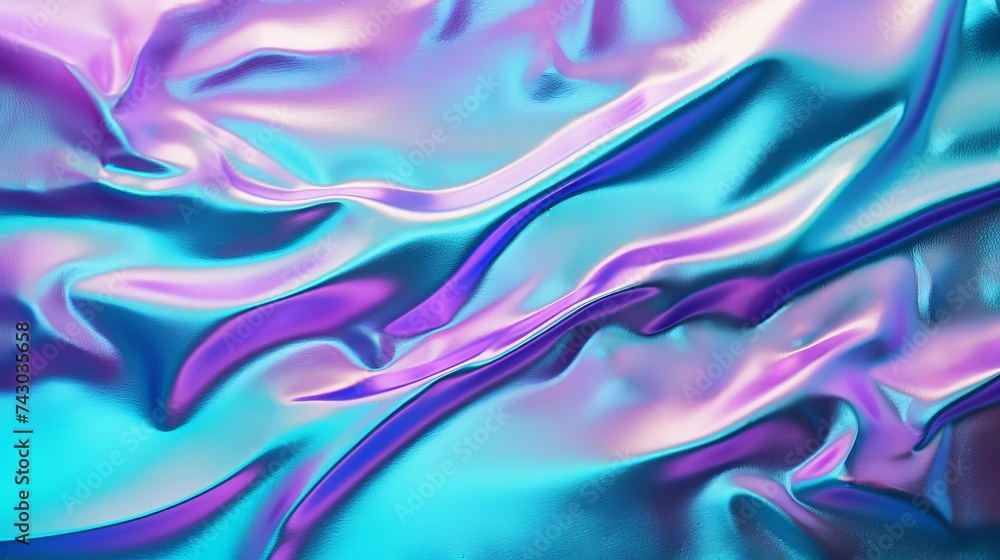 Obraz premium Holographic real texture in blue pink green colors with scratches and irregularities. Holographic color wrinkled foil. Holographic rainbow foil abstract background