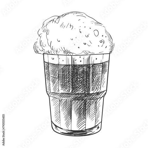Glass of beer. Pint glassware. Oktoberfest vector illustration. Sketch style glass of foaming beer. Engraved illustrations for pub menu.