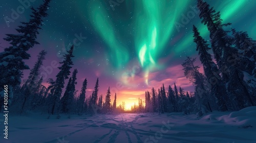 Bright northern lights over snowy forest