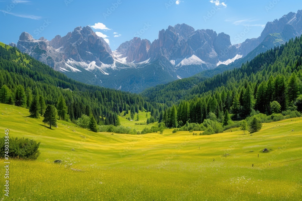 Landscape meadow in the mountains with blue sky