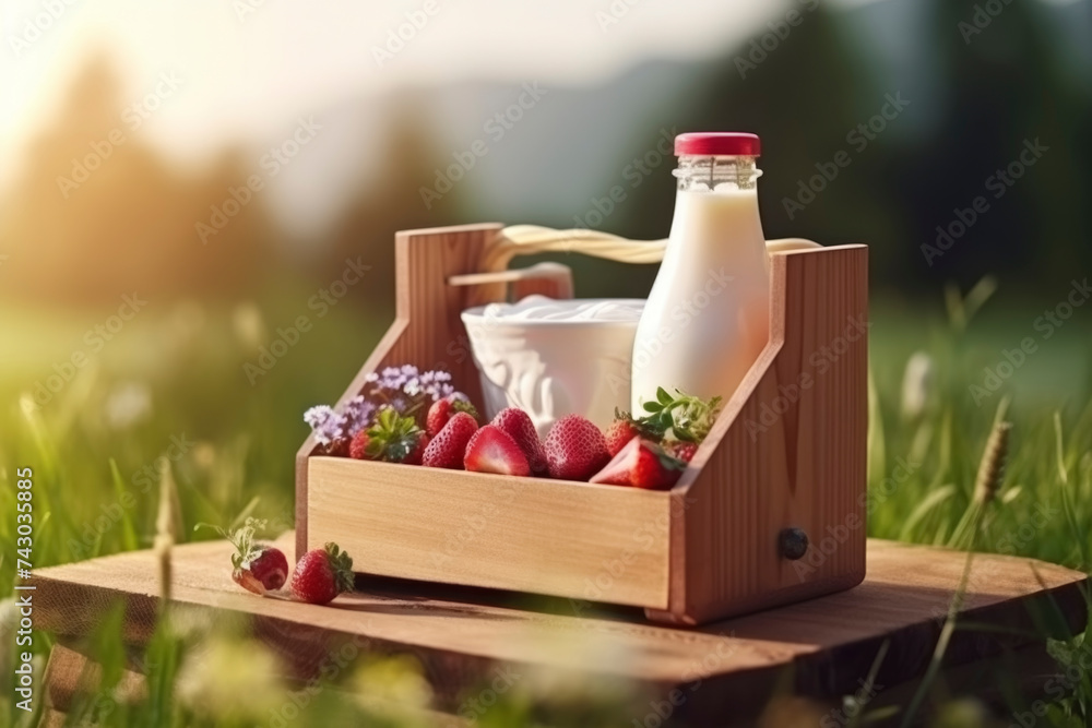 Fresh Dairy and Strawberries in Wooden Crate