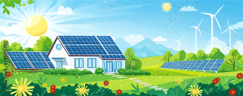 Solar energy panel installation, Panel or Wind Turbine Maintenance with Home Service Team For Electricity Network Operation, Renewable energy. Solar energy panels set flat vector modern illustration