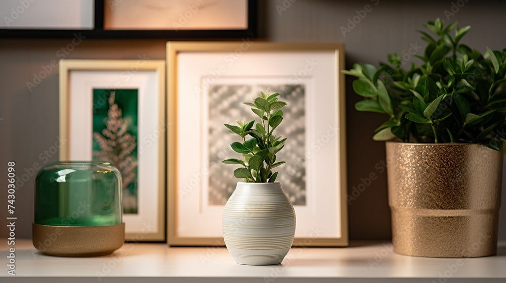 Interior design of living room with gold mock up photo frame on the green shelf with beautiful plants in different hipster and design pots. Elegant personal accessories. Home jungle. Template.