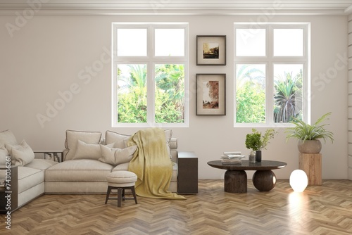 Contemporary classic white interior with furniture and decor and summer landscape in window. Scandinavian interior design. 3D illustration © AntonSh