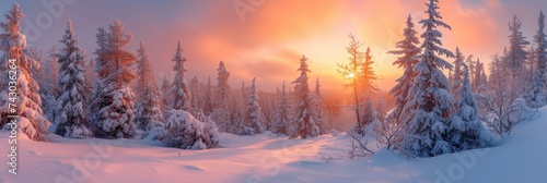 Snowy forest at dawn