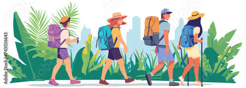 Tourist Guide concept. Four young tourists with backpacks on their backs. A group of friends exploring the city. Young tourist trekking in the jungle. Set Trend Modern vector flat illustration