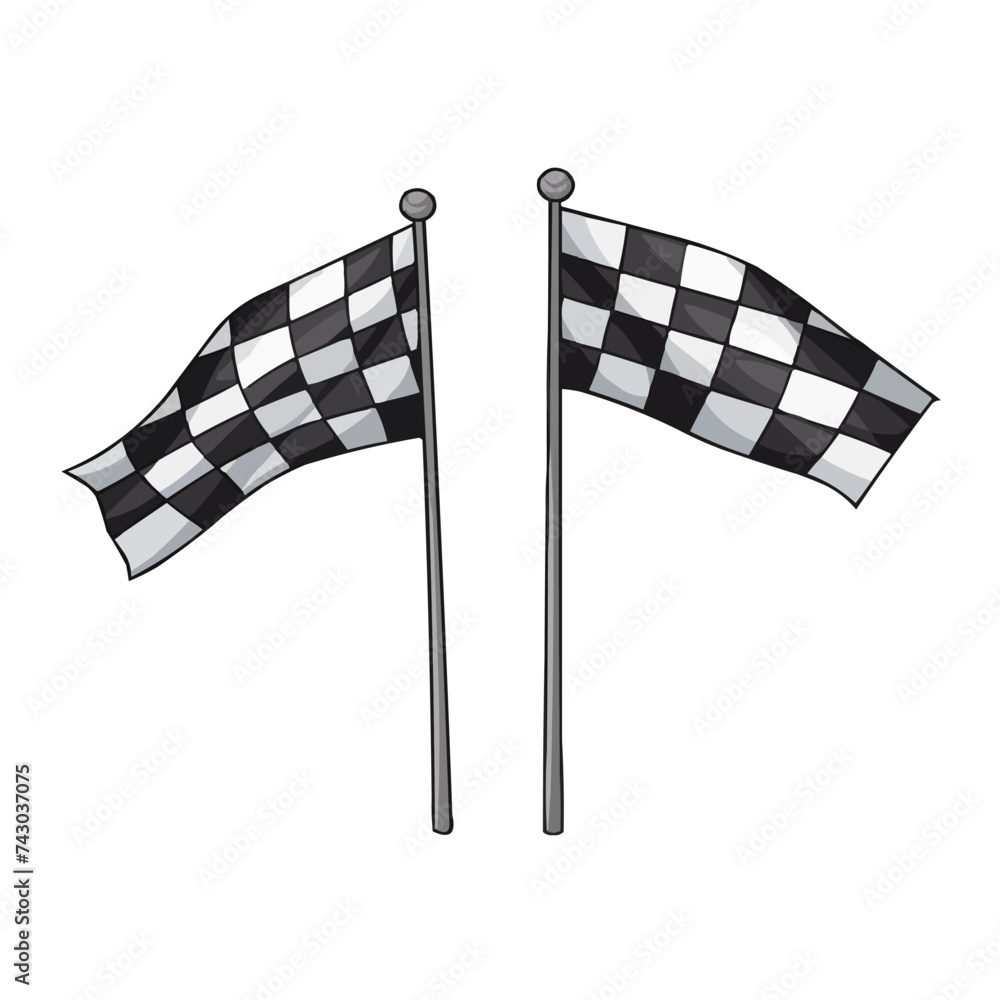 Two crossed racing flags. Formula 1 championship, isolated flags. Checkered simple flags. Vector illustration of two sport racing flags.