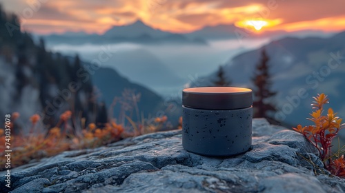 A dark stone with a jar of cosmetics and Himalayan Mountainsin the background photo