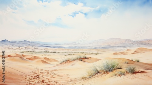 Generative AI A vast desert with sand dunes and a clear horizon. landscape watercolor
