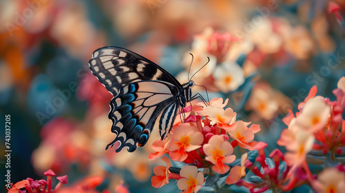 A butterfly, with vibrant flowers as the background, during the emergence of life