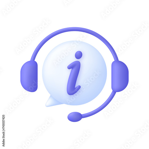 3D Call center. Headphones and information icon. Support service icon, customer consultation hotline, call center help