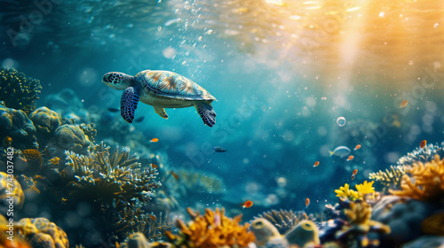 A vibrant underwater scene showcases reduced ocean waste and improved recycling on land. Colorful fish and turtle a thriving coral reef depict a sustainable environment.