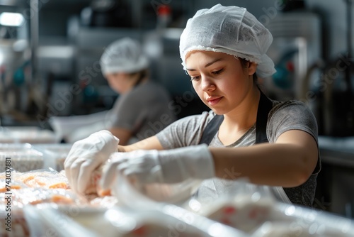 A female worker packing frozen food wears an apron with a hat and gloves in a food packaging factory. photo