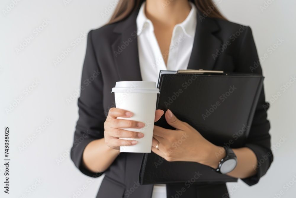 Beautiful Asian businesswoman holding coffee cup and file ready to work on white background. Beautiful Asian businesswoman holding coffee cup and file ready to work on white background.