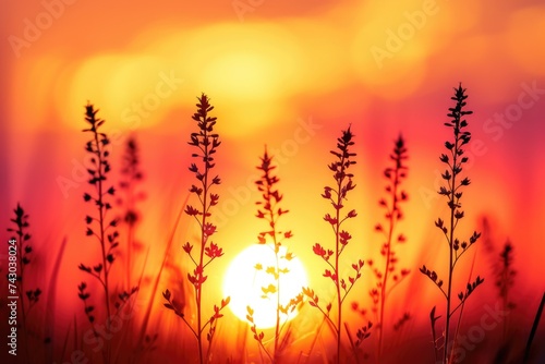 Wild herbs against the background of a fiery sky