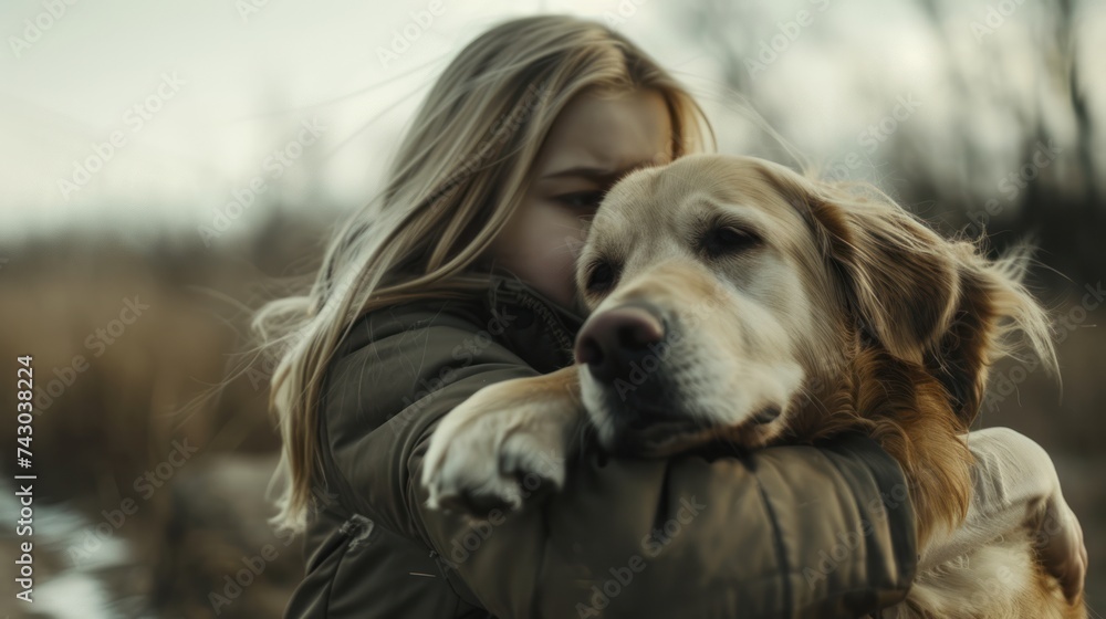Blonde girl hugs her dog Blonde girl hugs her dog