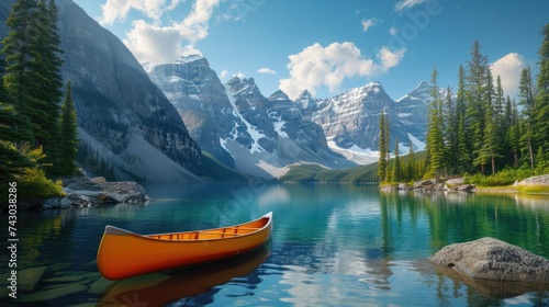 Canoe on calm waters among the mountains