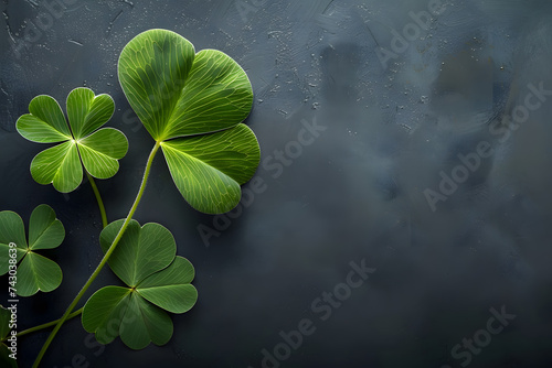 Four leaf clover on a dark background. St. Patrick's Day celebration, luck and fortune concept, copy space