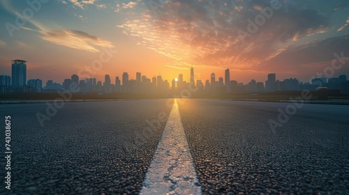 Empty asphalt road and modern city skyline with buildings view at sunset