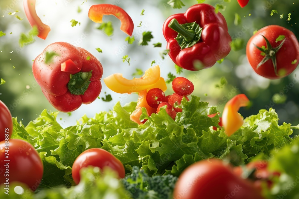 Fresh fall vegetables, salad of fresh bell peppers, tomatoes and lettuce leaves Fresh fall vegetables, salad of fresh bell peppers, tomatoes and lettuce leaves